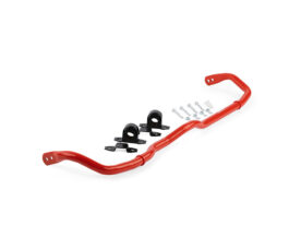 Red sway bar with black bushings, brackets, and mounting hardware for installation on a vehicle