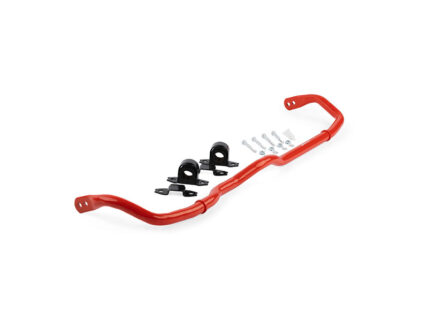 Red sway bar with black bushings, brackets, and mounting hardware for installation on a vehicle