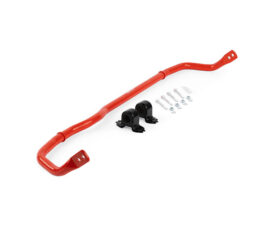 Red automotive sway bar with mounting brackets and hardware for installation.