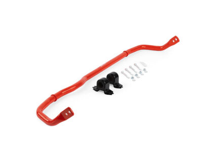 Red automotive sway bar with mounting brackets and hardware for installation.