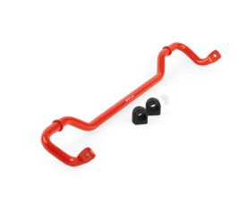 Red car sway bar (anti-roll bar) with two black mounting bushings on a white background, used in vehicle suspension
