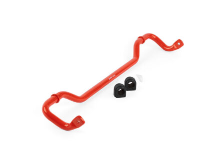 Red car sway bar (anti-roll bar) with two black mounting bushings on a white background, used in vehicle suspension