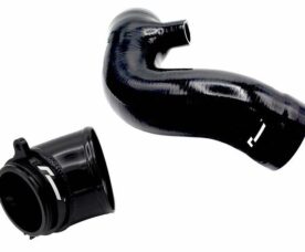 Black silicone automotive turbo intercooler hose with a curved elbow and a detachable straight connector against a white background.